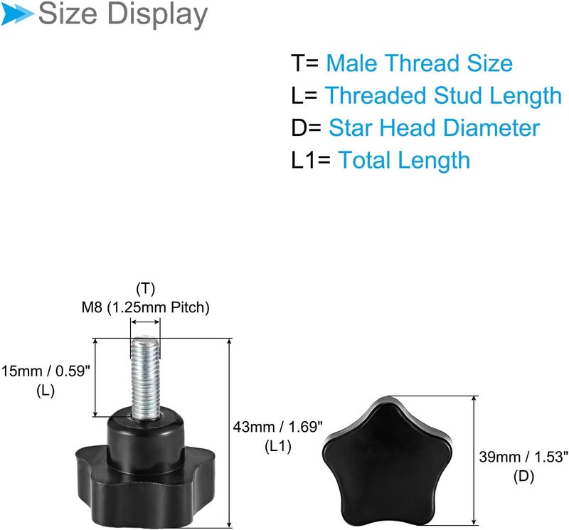 CoCud Star Clamping Knobs, M8 x 15mm Male Thread 39mm Head, Plastic Thumb Screw Grip Hand Knobs Threaded Bolt Black - (Applications: for Lathe Machinery), 2-Pieces - Image 2